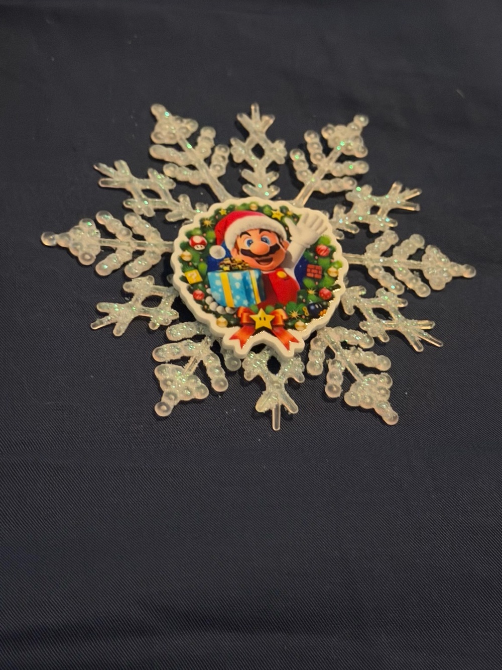 Mario Holiday Snowflake Ornament - White Glitter